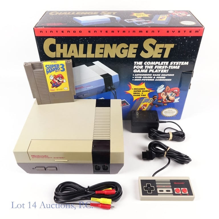 Nintendo NES Challenge Set In Box T+W: Nintendo Entertainment System Super Mario 3 Challenge Set. Includes Nintendo NES console, one (1) original controller, power adapter, AV cable, Super Mario Bros. 3 game, all housed in original box. Ma