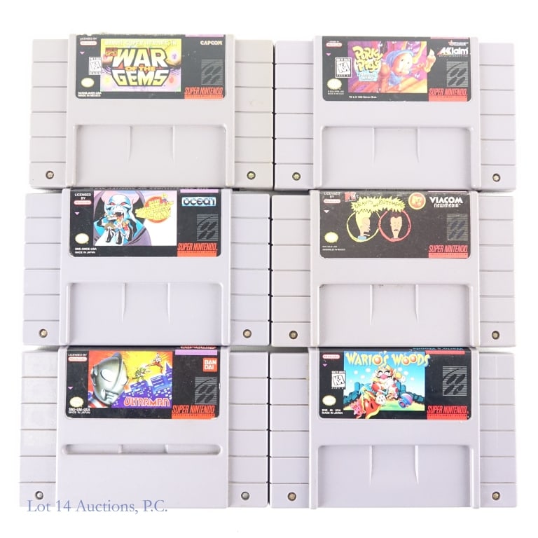 Super Nintendo Games (6): Six (6) Super Nintendo Entertainment System (Super NES) games. NO boxes or instructions. Games have not been tested. Condition of cartridges varies. Games include: The Adventures of Mighty Max **