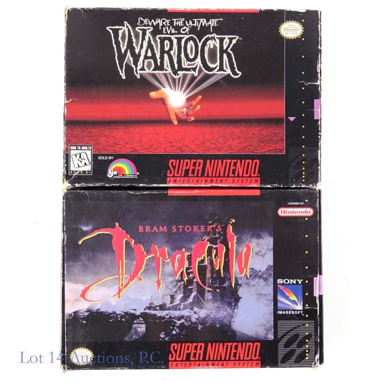 Nintendo SNES Games In Original Boxes (2): Two (2) Super Nintendo Entertainment System games in original boxes - Bram Stoker's Dracula (includes manual) and Warlock.