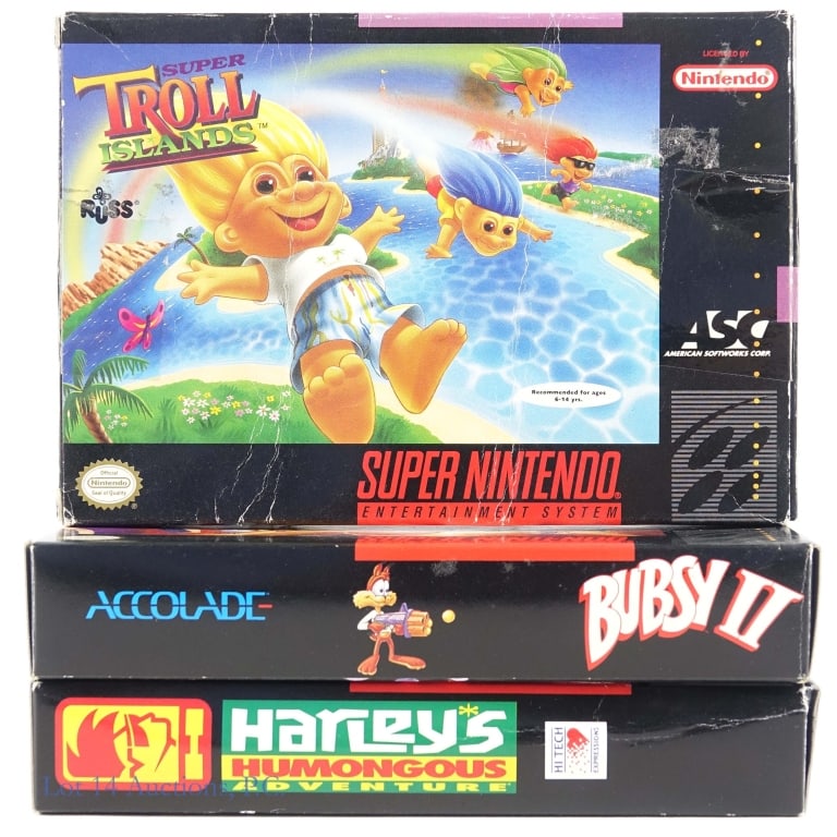 Super Nintendo SNES Games In Original Boxes (3): Three (3) Super Nintendo Entertainment System SNES games in original boxes - Harley's Humongous Adventure, Super Troll Islands, and Bubsy II.