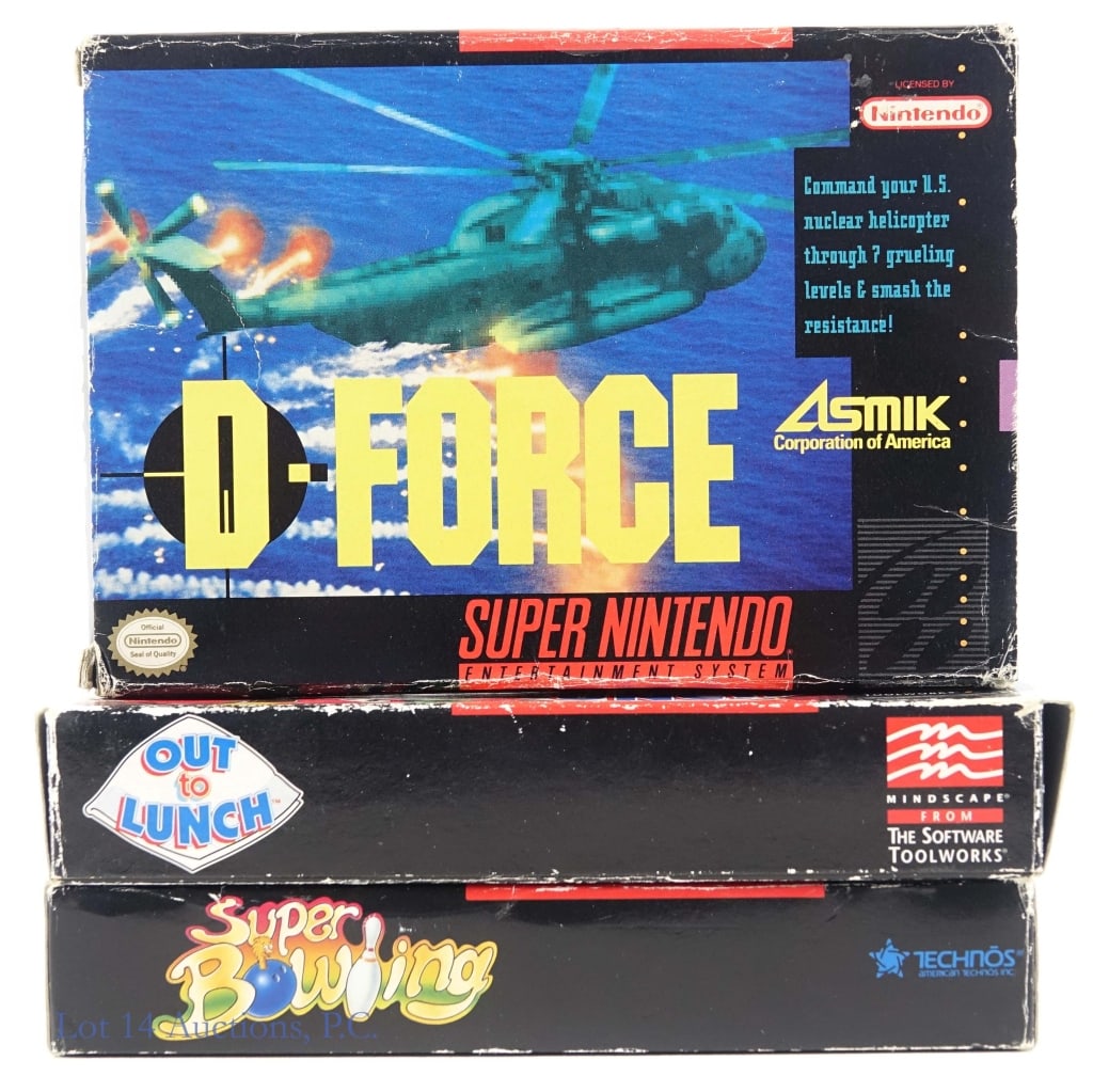 Super Nintendo SNES Games In Original Boxes (3): Three (3) Super Nintendo Entertainment System SNES games in original boxes - Out To Lunch, Super Bowling, and D-Force.