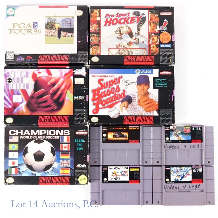 Nintendo SNES Sports Games (5 In Boxes + 4): Five (5) Super Nintendo Entertainment System games in original boxes - PGA Tour 96 (includes manual), Monday Night Football, Champions World Class Soccer, Pro Sport Hockey, and Super Bases Loaded ***