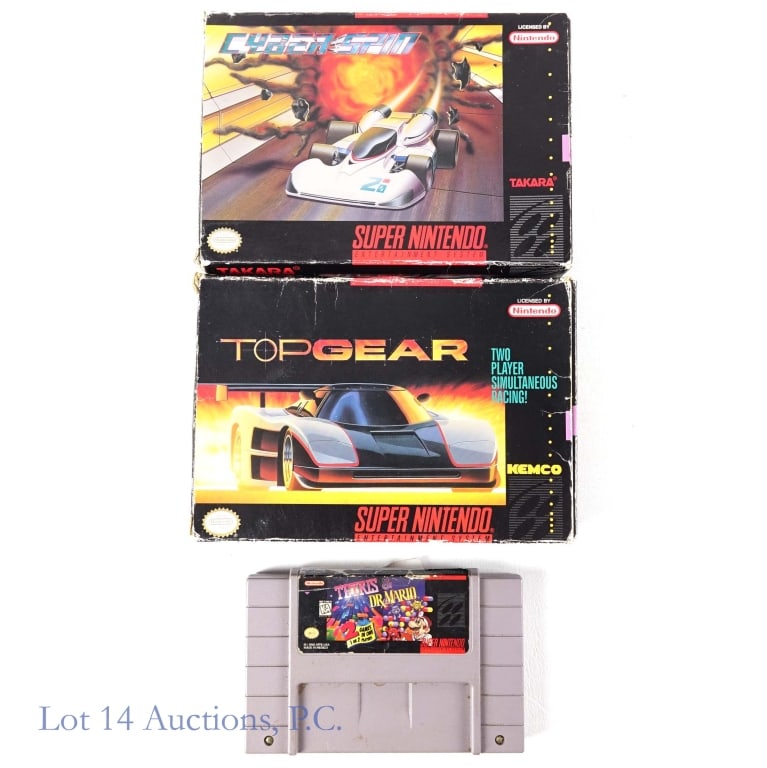 Nintendo SNES Games (2 CIB + 1): Three (3) Super Nintendo Entertainment System games - Cyber Spin (with box and manual), Top Gear (with box and manual), and Tetris & Dr. Mario (cartridge only)