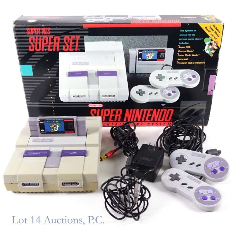 Super Nintendo SNES Super Set CIB T+W: Super Nintendo Entertainment System SNES Super Set - SNES console, original Nintendo AC adapter, original Nintendo AV cable, two (2) original controllers, and Super Mario Wolrd game cartridge. In orig