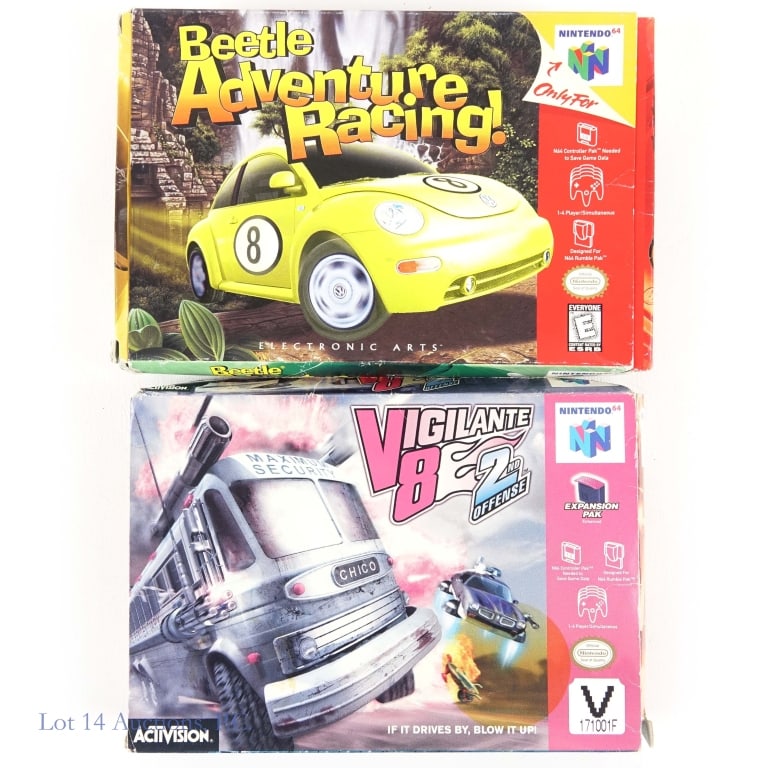 Nintendo 64 N64 Games in Original Boxes (2): Two Nintendo 64 N64 games in original boxes - Beetle Adventure Racing! (includes manual) and Vigilante 8 2nd Offense.