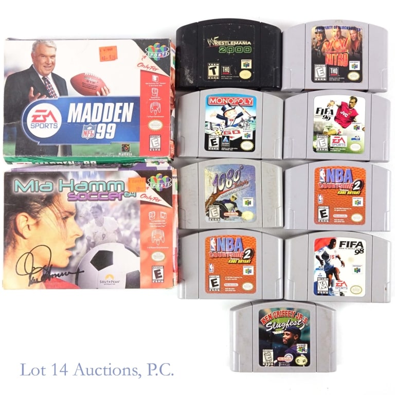 Nintendo 64 N64 Games (11 + 2 CIB): Eleven Nintendo 64 N64 game cartridges - NBA Courtside 2 Featuring Kobe Bryant (2 copies), WWF Wrestlemania 2000, 1080? Ten Eighty Snowboarding, WCW Nitro, Ken Griffey Jr.'s Slugfest, FIFA Road To