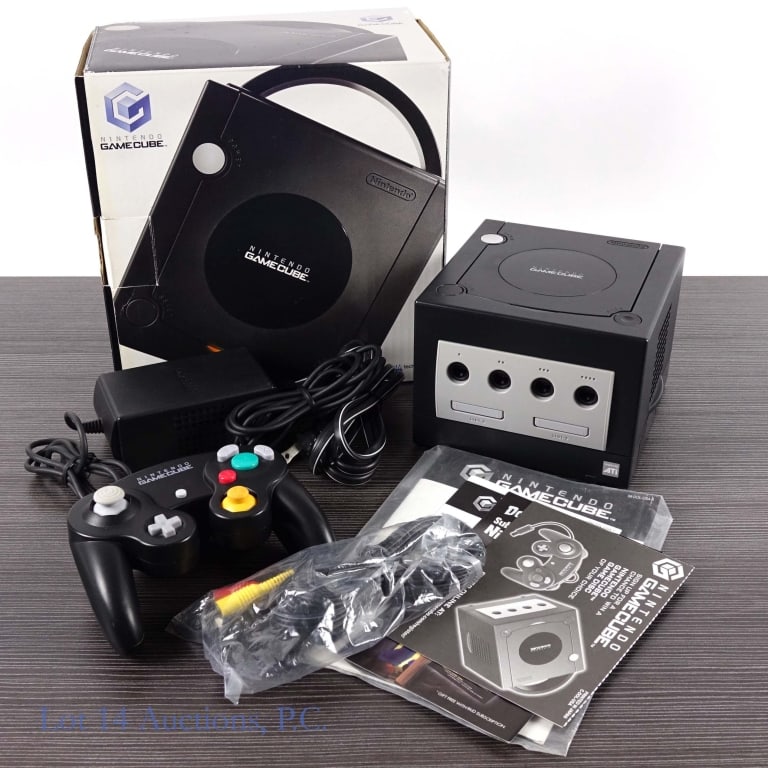 Nintendo GameCube Black Console CIB T+W: Nintendo GameCube console DOL-001, original Nintendo AV cable, original Nintendo AC adapter, and original Nintendo controller. In original box with manuals. Tested and working per consigner. Serial # 