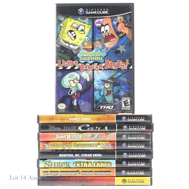 Nintendo GameCube Games CIB (9): Nine (9) Nintendo GameCube games in original cases with manuals - The Spongebob Squarepants Movie, Spongebo Squarepants Lights, Camera, Pants!, Donkey Konga, Cars, Jimmy Neutron Jet Fusion, Monsters
