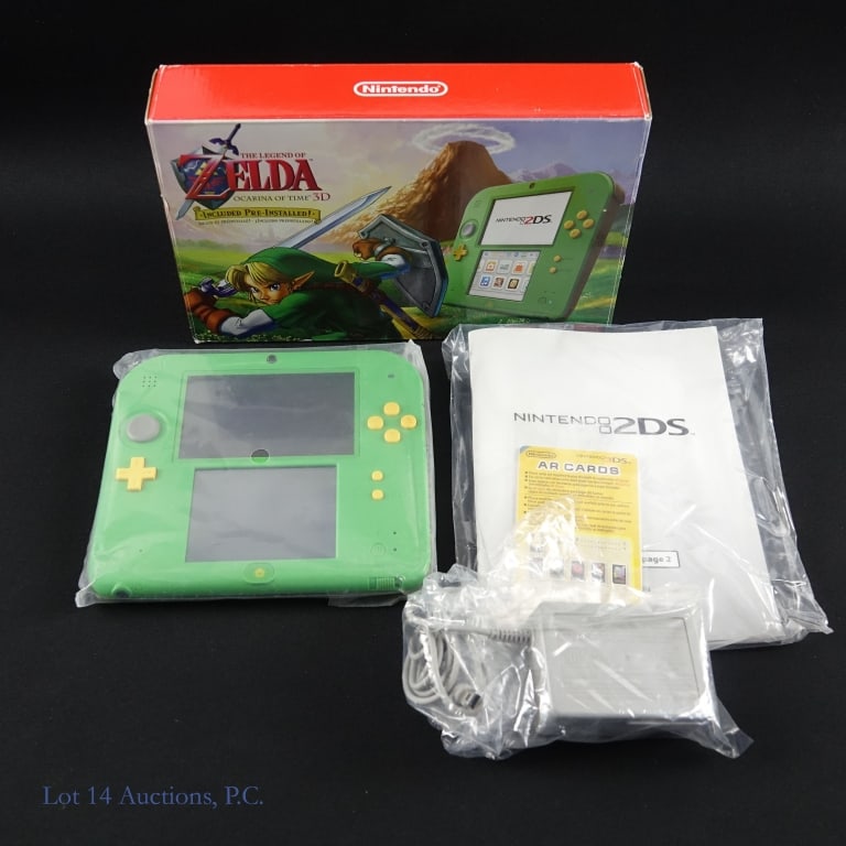 Nintendo 2DS Link Special Edition Console CIB T+W: Nintendo 2DS Link Special Edition console with original Nintendo charger, manuals, and AR cards in original box. Legend Of Zelda Ocarina Of Time 3D game pre-installed. Tested and working per consigner