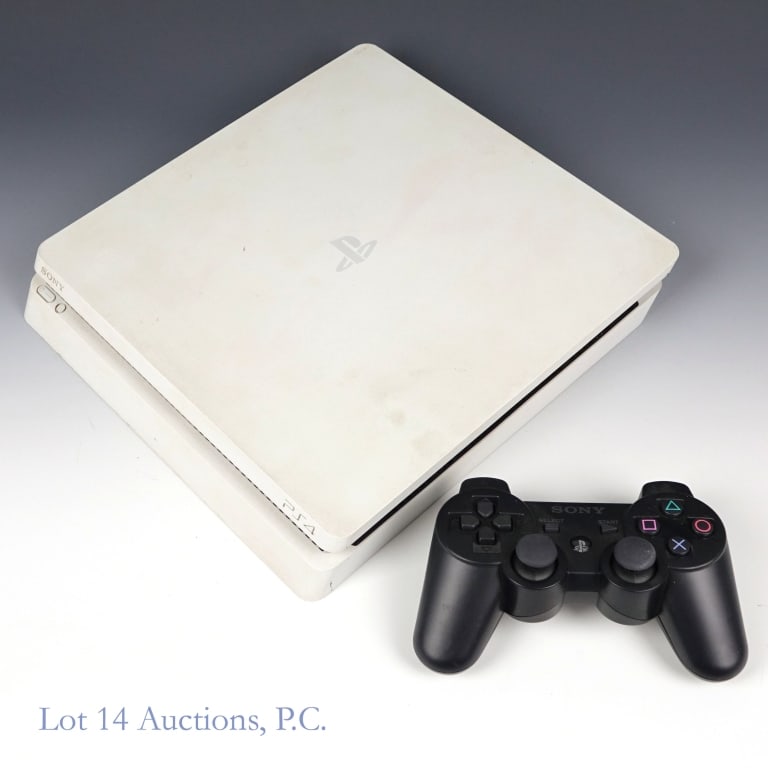 Glacier White PlayStation 4 PS4 Slim Console T+W*: Glacier white Sony PlayStation 4 PS4 Slim Console CUH-2015A. Tested and working per consigner. *Controllers, cables or accessories not included. One (1) Dual Shock 3 controller included.