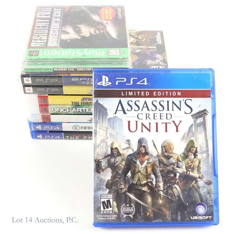 PlayStation, PS3, PS4 And PSP Games (1+3+3+2): Sony PlayStation Resident Evil Director's Cut game in original box with manual *** Three (3) Sony PS3 games in original boxes - Star Wars The Force Unleashed (with manual), Uncharted Drake's Fortune (