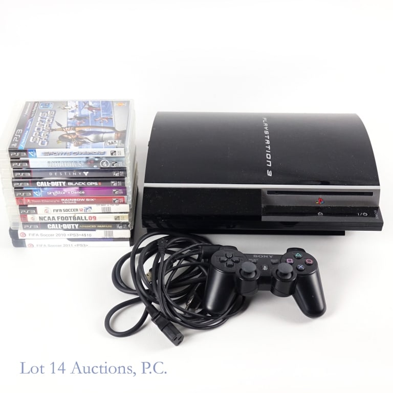 PlayStation 3 PS3 1st Gen 80GB Console & Games: 1st generation PlayStation 3 PS3 80GB console with original Dualshock 3 controller, power cord, USB cord, and eleven (11) games - Rainbox Six Vegas, Sports Champions, Battle Field 4, Destiny, Call Of 