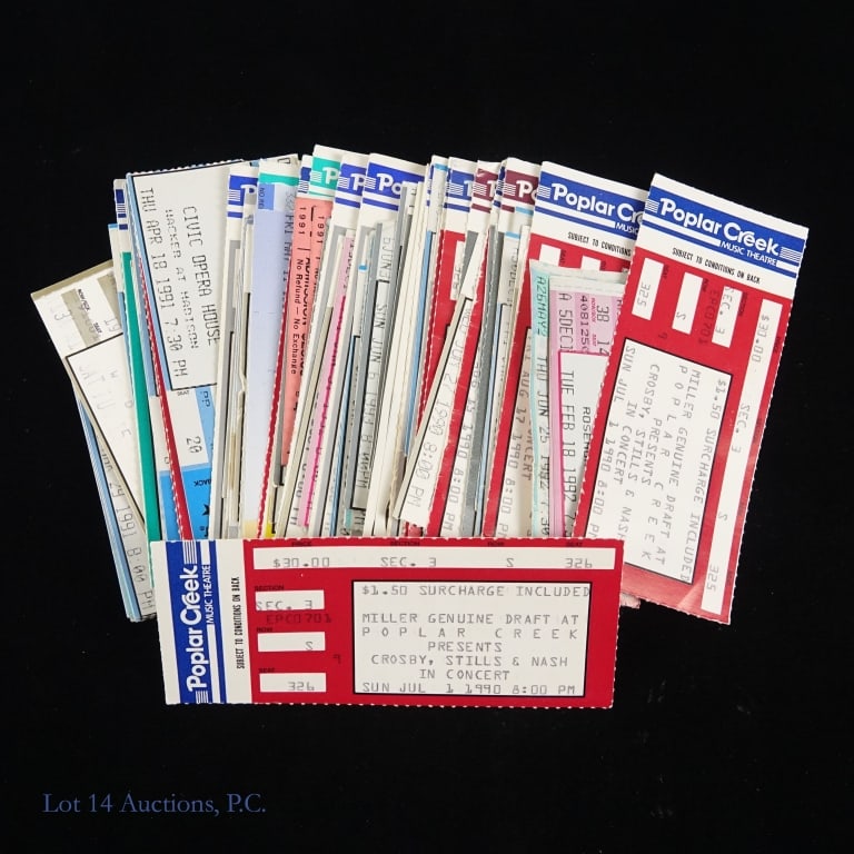 Collection of Concert Ticket Stubs (50+): Collection of over 50 ticket stubs from a variety of concerts held in the Chicagoland area. We saw tickets from concerts featuring the Beach Boys, Steve Miller, Crosby, Still & Nash, The Kinks, Moody 