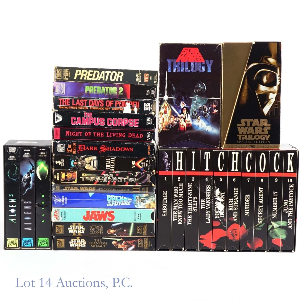Horror And Science Fiction VHS / DVDs Movies (32): Twenty seven (32) horror and science fiction VHS & DVD movies in original boxes - Alfred Hitchcock 10 movie collection, Star Wars Trilogy, Star Wars Trilogy Special Edition, Jaws, Alien Trilogy, Preda