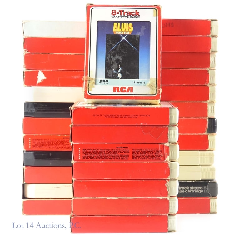 8 Track Cartridges, All Elvis (+30): 8 Track Cartridges, All Elvis (+30). Collection of over 30 Elvis 8 track cartridges, most with sleeves. Wear and tear consistent with age and use. See photos for more details on condition and
