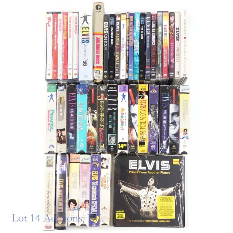 Elvis DVD and VHS Lot, Some Factory Sealed (+35): Elvis DVD and VHS Lot, Some Factory Sealed (+35). Collection of over 35 VHS and DVD's featuring Elvis "The Pelvis" Presley, some of which are factory sealed. Some factory sealed include Summer of '56