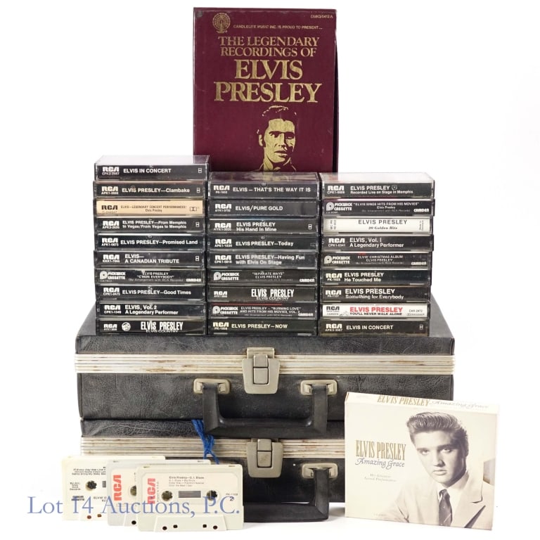 Elvis Cassette Tape Lot, Cassette Cases (+75): Elvis Cassette Tape Lot, Cassette Cases (+75). Collection of over 75 cassette tapes featuring Elvis Aaron Presley as well as 2 cassette carrying breifcases. Upon cursory inspection items appear