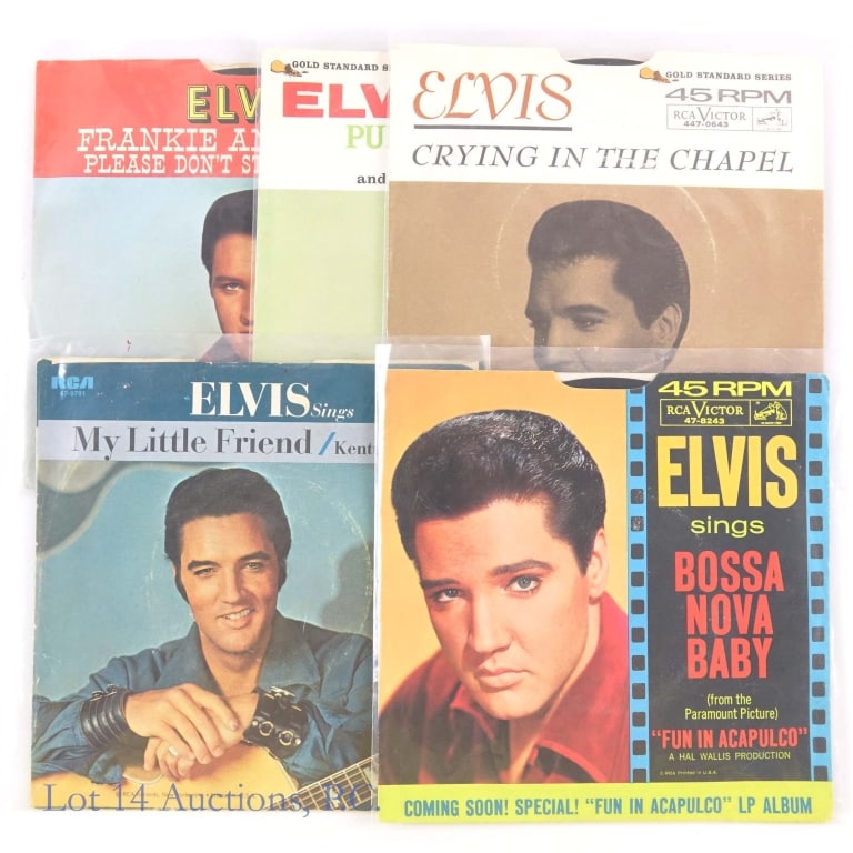 Vinyl Records, Elvis 7" 45's, Picture Sleeves (5): Vinyl Records, Elvis 7" 45's, Picture Sleeves (5). Five (5) 1960's original Elvis Presley picture sleeves and 45 RPM 7" singles. Crying in the Chapel (sleeve VG, ring mark on one side, minor scuffs). 