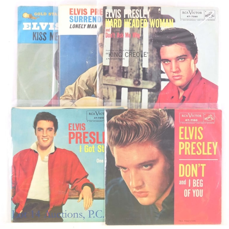 Vinyl Records, Elvis 7" 45's, Picture Sleeves (5): Vinyl Records, Elvis 7" 45's, Picture Sleeves (5). Five (5) 1950's and 1960's original Elvis Presley picture sleeves and 45 RPM 7" singles. Don't / I Beg of You (sleeve VG +). I Got Stung (sleeve VG+)