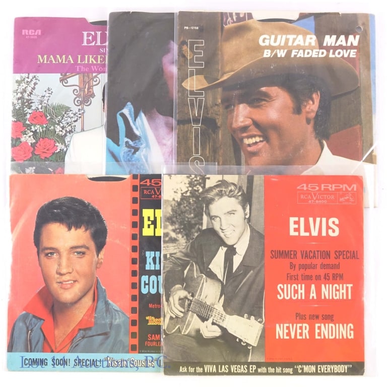 Vinyl Records, Elvis 7" 45's, Picture Sleeves (5): Vinyl Records, Elvis 7" 45's, Picture Sleeves (5). Five (5) 1960's and 1970's original Elvis Presley picture sleeves and 45 RPM 7" singles. Such a Night (sleeve VG +). Kissin Cousins (sleeve VG+). Gui