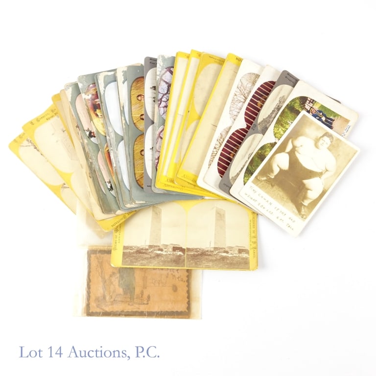 Stereoview Cards, Photography, Leather Postcards: Large collection of stereoview cards from various sources, including T. W. Ingersoll and J. F. Jarvis. Also included are a couple of antique photographs and two leather postcards from the early