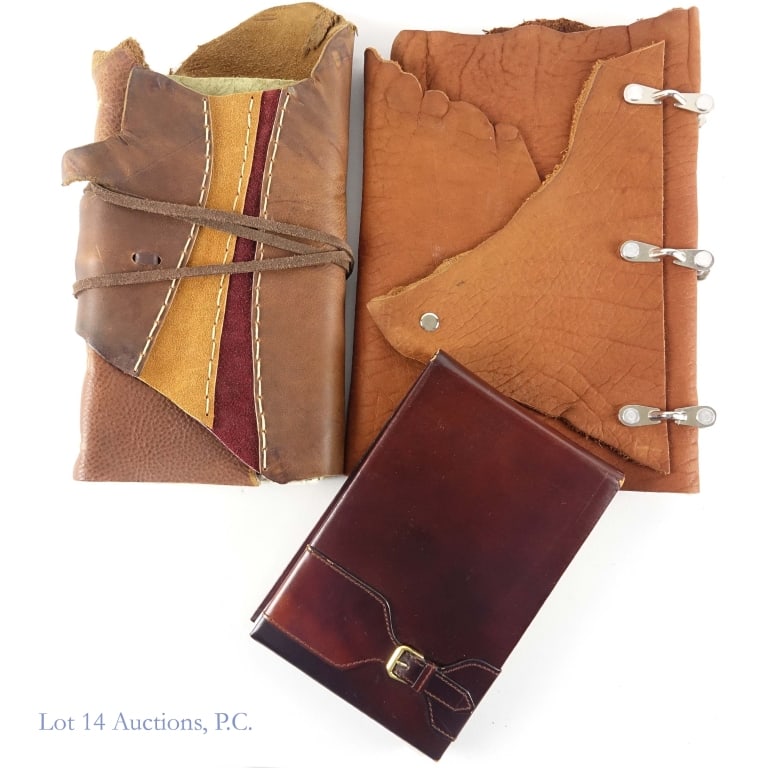 Leather Bound Blank Books, Rolex (3): Leather Bound Blank Books, Rolex (3). Collection of leather bound blank note books and note pads, one of which is Rolex. Items range from 8.25" x 5.5" to 8.5" x 13". Some wear on the edges of the Role