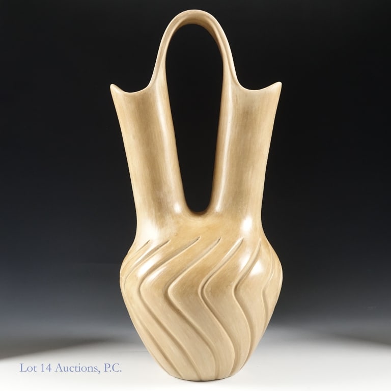 Pauline Romero Jemez Pueblo Wedding Vase: Large wedding vase made by Jemez Pueblo artist Pauline Romero. Measures approximately 6.25" wide and 12.5" tall. Good condition other than some age related wear. See photos for details.
