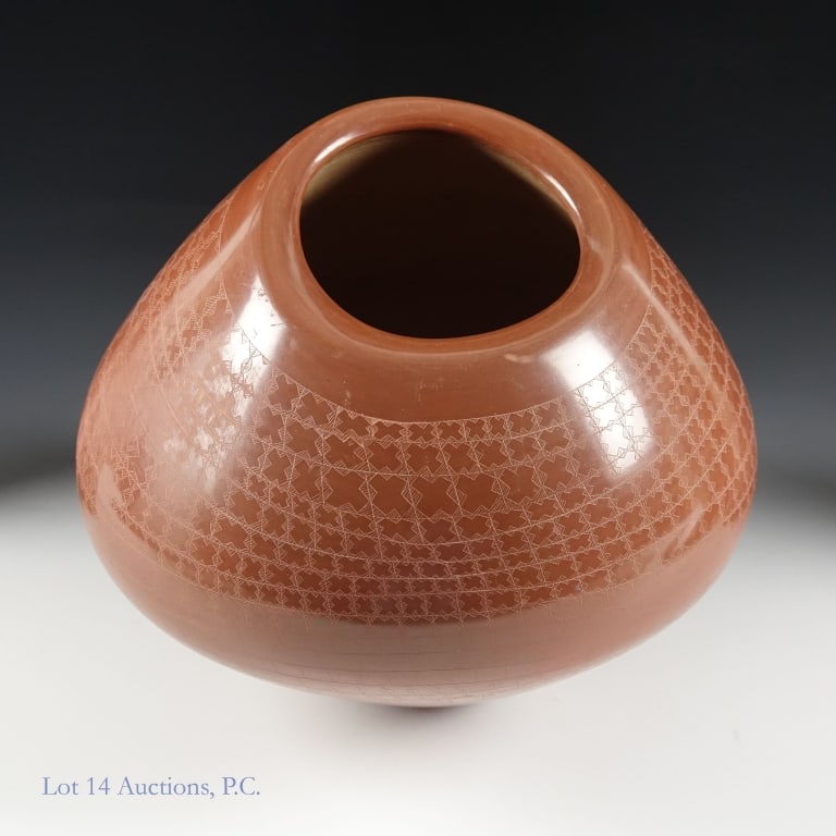 Jody Naranjo Pueblo Redware Jar: Large jar decorated with sgraffito by Pueblo artist Jody Naranjo. Measures approximately 8" wide and 7.5" tall. Good condition other than some age related wear. See photos for details.