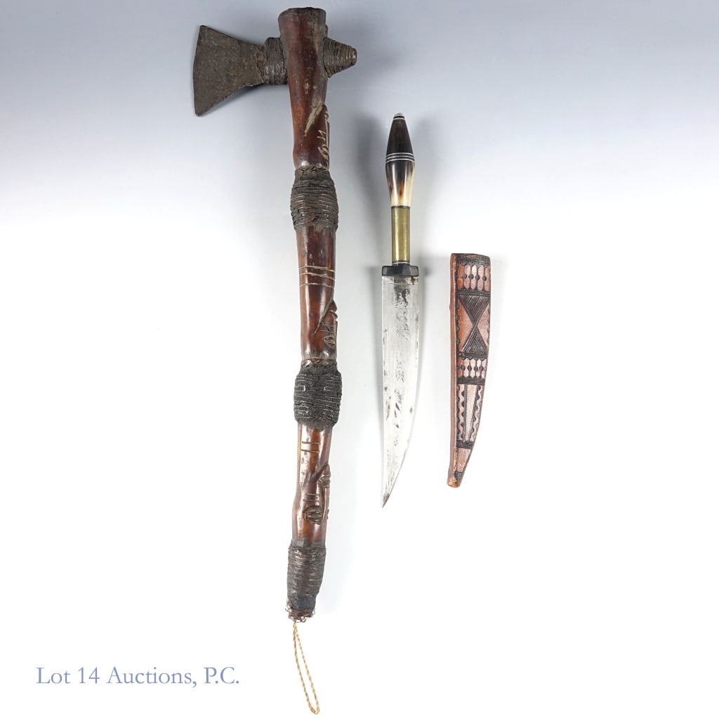 African Tribal Ax with Bwami and Tuareg: African Tribal Ax and Tuareg. Lot including and African tribal ax and tuareg knife. African tribal ax: 15" wood handle with 4" (total) blade; Bwami carvings; Brass or copper wire; Iron head; likely at