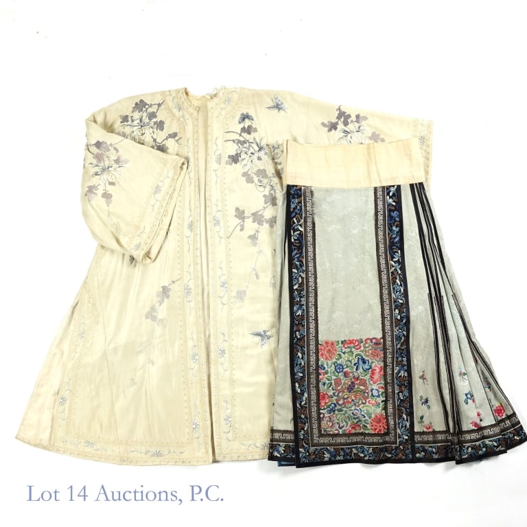 Chinese Embroidered Silk Robe & Skirt: Vintage Chinese embroidered silk robe, mostly good condition except for some wear around the neck. Vintage wraparound skirt made from a repurposed robe, some of the silk decor fraying but mostly good