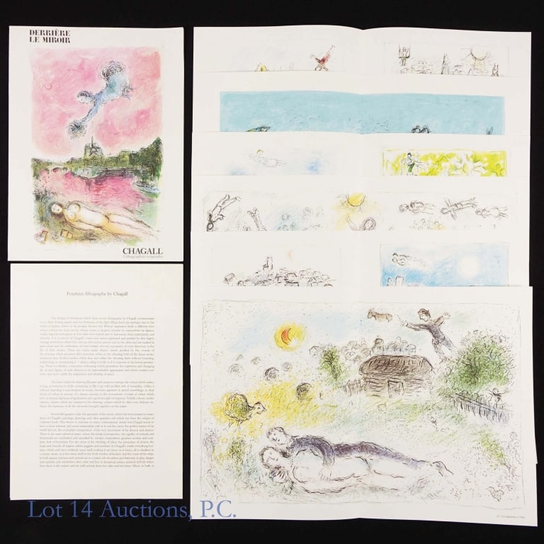 Marc Chagall "Derriere le Miroir" Portfolio: Portfolio containing fourteen high quality lithographs of works by artist Marc Chagall in his series "Derriere le Miroir". All appear to be in excellent condition. Portfolio has text in French and