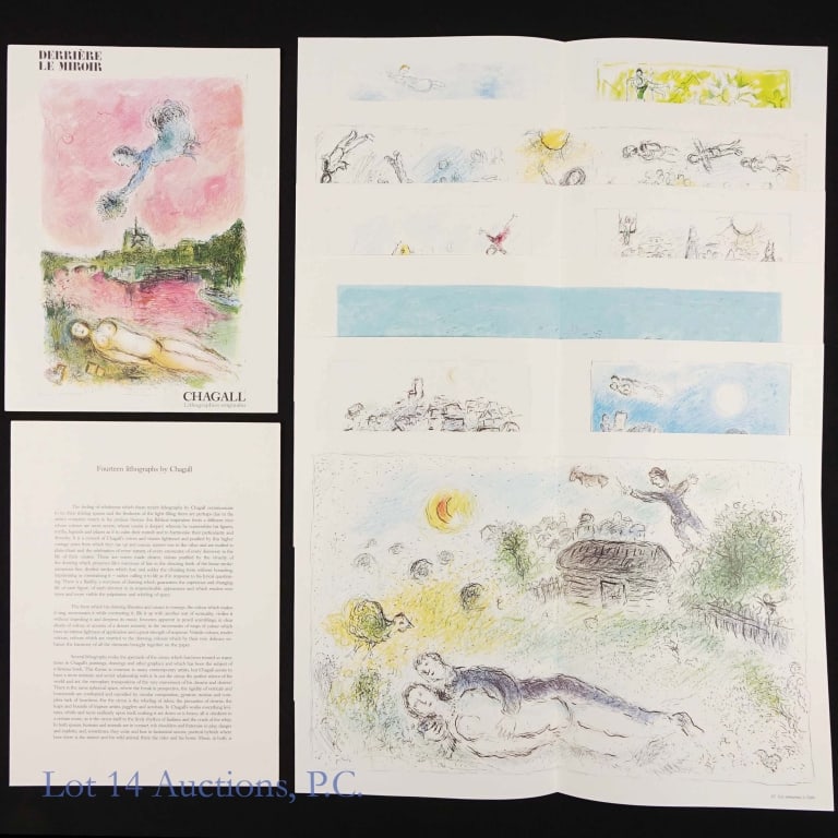 Marc Chagall "Derriere le Miroir" Portfolio: Portfolio containing fourteen high quality lithographs of works by artist Marc Chagall in his series "Derriere le Miroir". All appear to be in excellent condition. Portfolio has text in French and