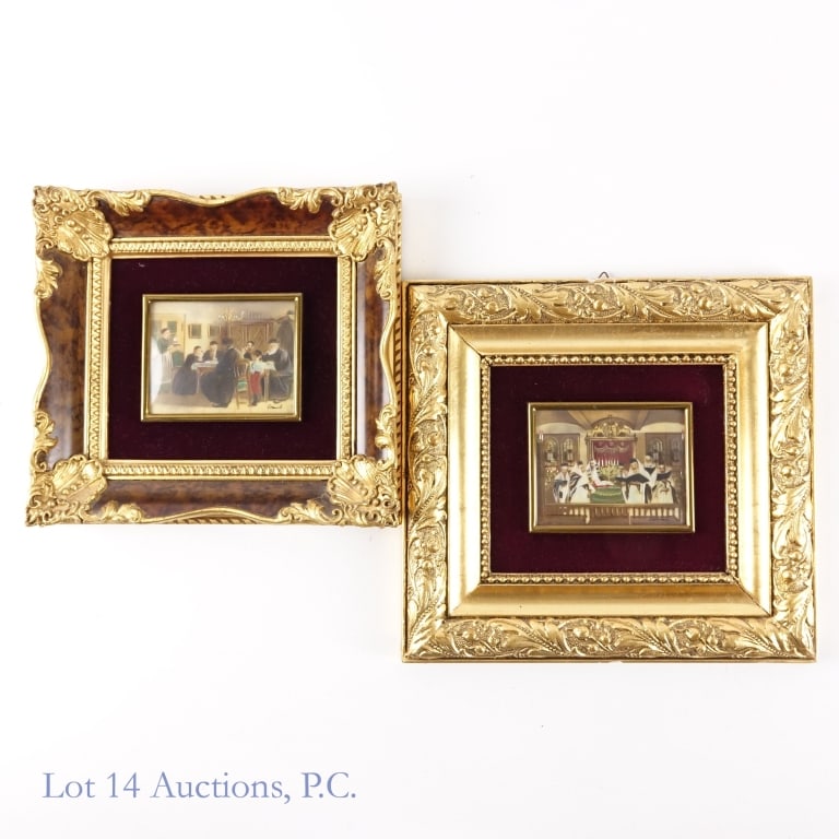 Two Small Judaica Art Prints: Two small Judaica art prints. Each one has a signature in the bottom right. Each print is approximately 3.5 x 3". One frame measures approximately 8.5 x 9.25" and the other measures approximately 7.5