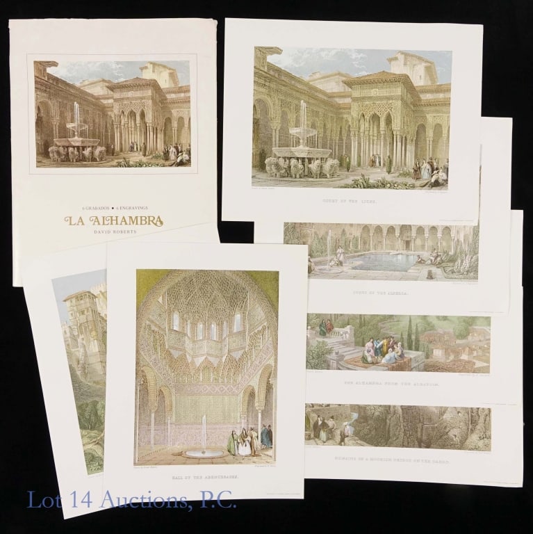 David Roberts "La Alhambra" Engravings Portfolio: Portfolio of six high quality engravings by I. Higham of drawings by Scottish artist David Roberts. Foreword included in multiple languages, including English. The engravings included are titled: "Tow