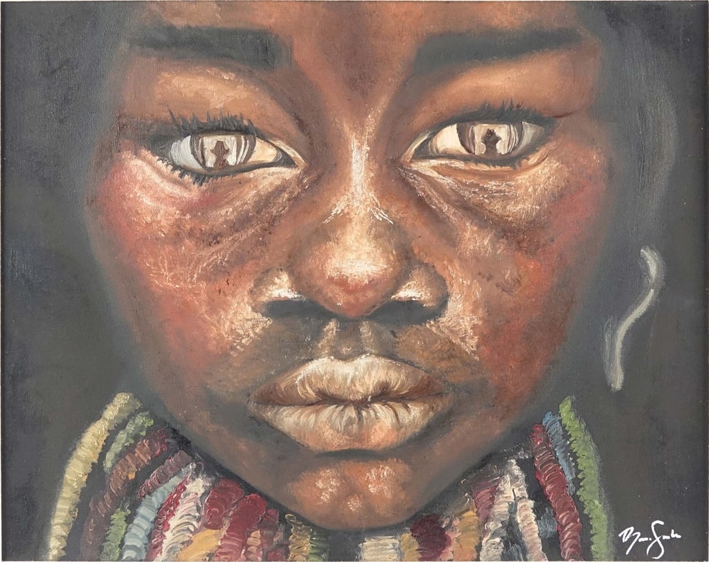 Signed Oil Painting: Close up portrait of a woman's face with another person reflected in her eyes. Oil on canvas. Painting is signed in the bottom right, but Lot 14 has been unable to identify the signature. Initials are