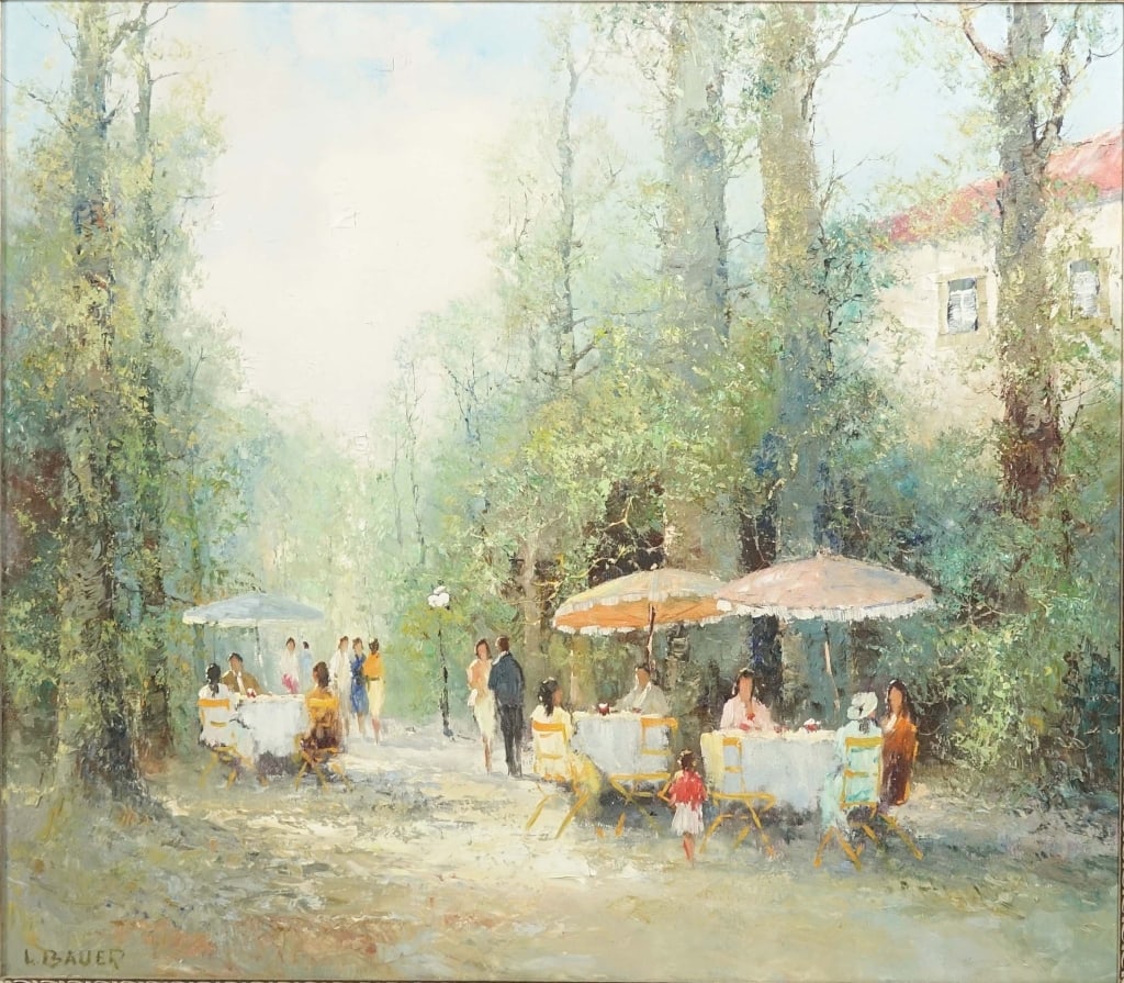 Willi Bauer "Cafe" Large Oil Painting: LOCAL PICKUP OR THIRD PARTY SHIPPING ONLY. Large oil painting by renowned German artist Willi Bauer (b. 1923) titled Cafe. There is some damage towards the top center of the painting, mostly in the