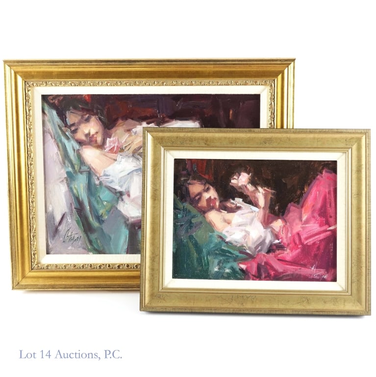 Two Stylized Oil Paintings: Two stylized oil paintings by the same artist. Both are signed but we are unable to make out the name. Smaller painting measures approximately 15.5 x 12.5", larger painting measures approximately