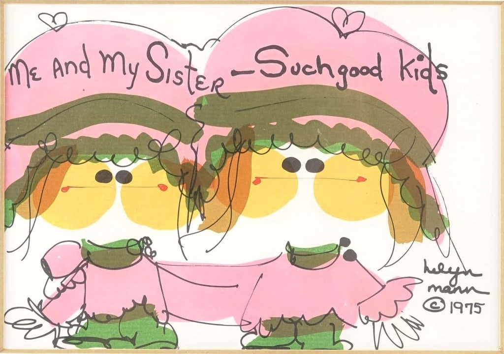 1975 Helyn Mann Original Marker & Ink Drawing: 1975 marker & pen ink drawing by notable artist Helyn Mann titled "Me And My Sister -- Such Good Kids". Appears to be in excellent condition for its age but has not been examined outside of frame.