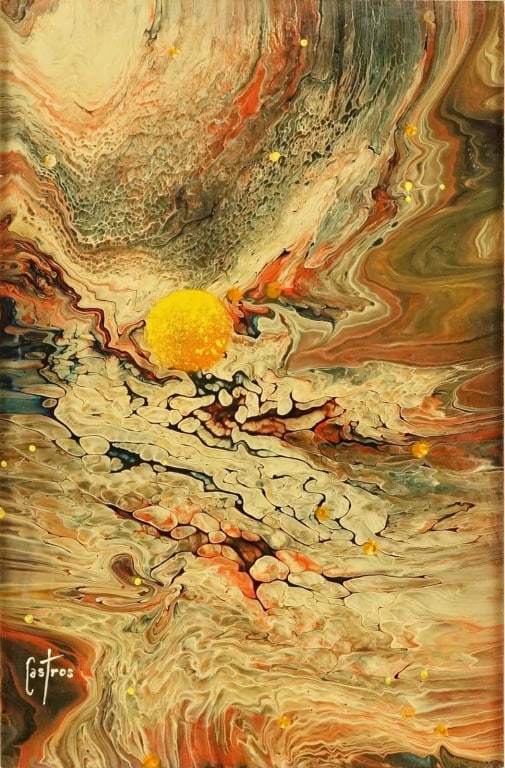 Acrylic Pour Art Signed Castros: Abstract acrylic pour art, signed "Castros" in the bottom left. Frame measures approximately 12.5 x 16.5". Appears to be in good condition but has not been examined outside of frame. See photos for de