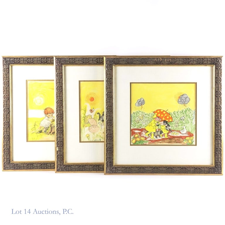 Set of 3 Susan Perl Original Illustrations: Set of three pieces of original art by children's illustrator Susan Perl, framed and matted. Each frame measures approximately 16.5 x 16.5"