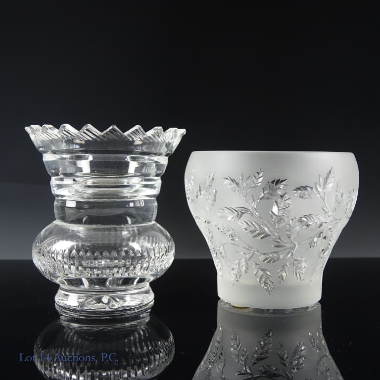 Crystal Votive Candle Holders (Lalique, W Yeoward): Two votive candle holders made from crystal. The first is from William Yeoward, signed as such on the underside, and measures approximately 3.25" wide and 3.5" tall. The second is from Lalique, also