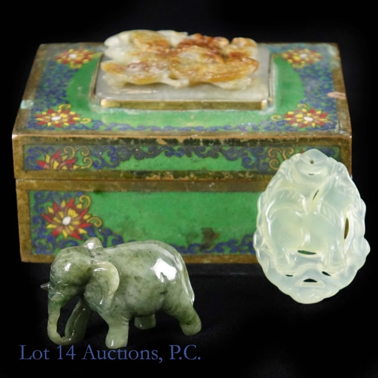 Antique Trinket Box w/ Inlaid Jade & Jade Trinkets: Antique enamel trinket box with cloisonne decor and a 2.25 x 1.75" carved piece of jade attached to the lid. Also included in the lot are two small carved jade trinkets, one carved to look like an