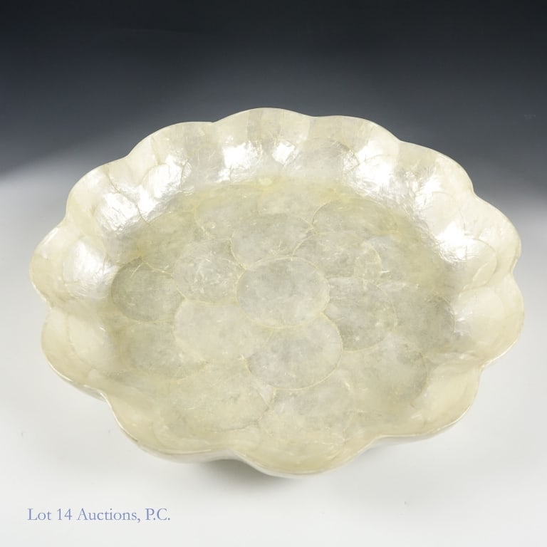 Vintage Gump's Capiz Shell Bowl 12": Vintage Gump's Capiz Shell Bowl. 12" across, approximately 1.75" tall. Sticker on the underside reads "Made Specially for Gump's in the Philippines". Appears to be in excellent condition, no chips or