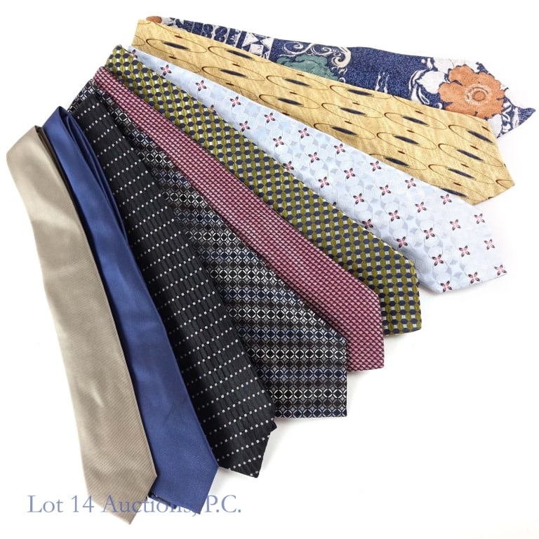 Neckties C. Klein, I. Behar, Stafford (9): Neckties C. Klein, I. Behar, Stafford (9). Collection of nine (9) neckties from Calvin Klein, Ike Behar and Staffor. Items appear well maintained. See photos for more details on condition and content.