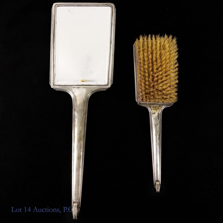 R Wallace & Sons Sterling Silver Vanity Set: 2 piece vanity set from R Wallace & Sons Sterling: a hairbrush and a hand mirror. The total weight of both pieces is approximately 670g or 21.5 troy oz.