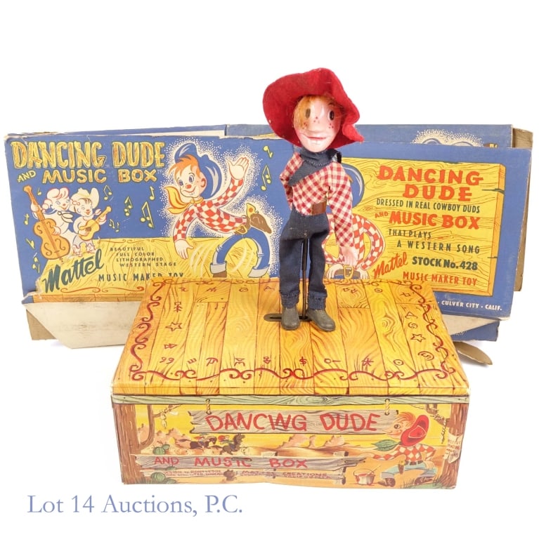 Dancing Dude and Music Box Toy w/ Box: Dancing Dude and Music Box Toy w/ Box. Dancing Dude and Music Box toy from Mattel with packaging (flattened). Dancing Dude produced during 1950's and 1960's. Packaging torn and bent in various