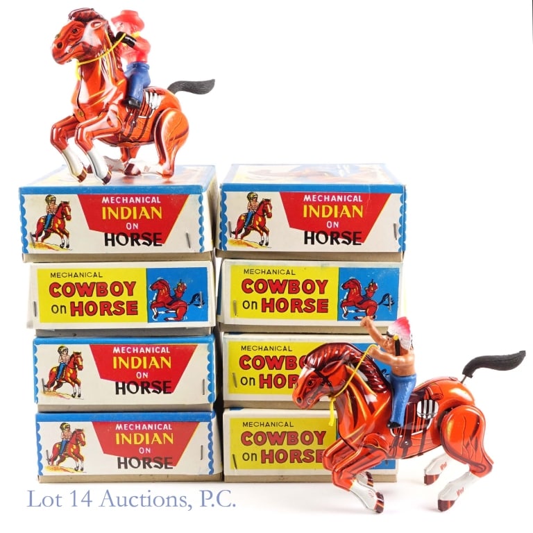 70's MTU Mechanical Cowboy & Indian Toys, NOS (8): 70's MTU Mechanical Cowboy & Indian Toys, NOS (8). Eight (8) New Old Stock, 1970's, Korean MTU Mechanical Indian on Horse and Cowboy on Horse toys. Four (4) Cowboys and four (4) Indians. Dirt and