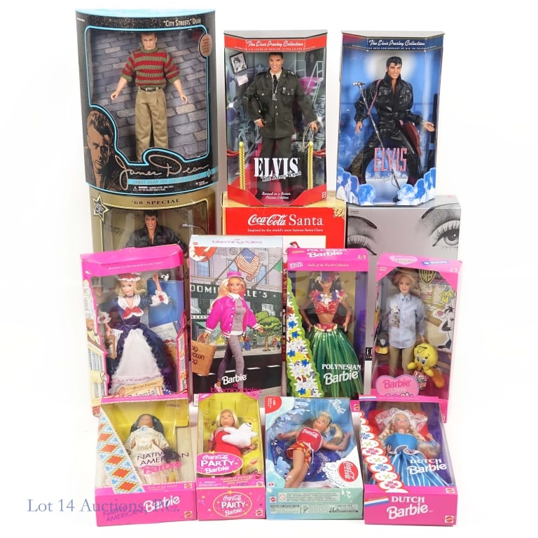 NIB Barbie, Elvis, J. Dean & Santa Dolls (14): NIB Barbie, Elvis, J. Dean & Santa Dolls (14). Collection of New In Box presenting dolls. Colonial Barbie #12578. Splash Barbie #25590. Dutch Barbie #11104. Native American Barbie #1753. Coca-Cola Par