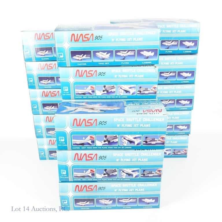Space Shuttle Challenger Jet Plane Toy (18 NOS): Eighteen (18) Poly Toy PT-726 NASA 905 battery operated Space Shuttle Challenger, mounted on flying jet plane. 1/175 scale. Made in Taiwan. Requires two "C" batteries (not included). All in original