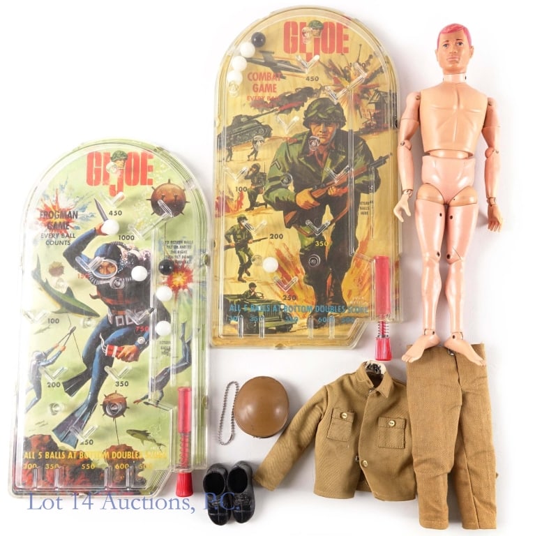 G.I. Joe Vintage Action Figure & Pinball Games (2): 1964 Hasbro G. I. Joe 12"action figure with pants, shirt, boots, and hat *** 1950s/60s Louis Marx & Co Frogman Game and Combat Game.